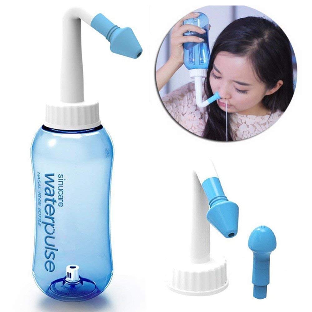 Nasal Wash Rinse Cleanser Nose Cleaning Bottle + 2 Style Nozzles + Nasal Salt for Adults Children Allergic Nasal Irrigation I Treatment 300ml