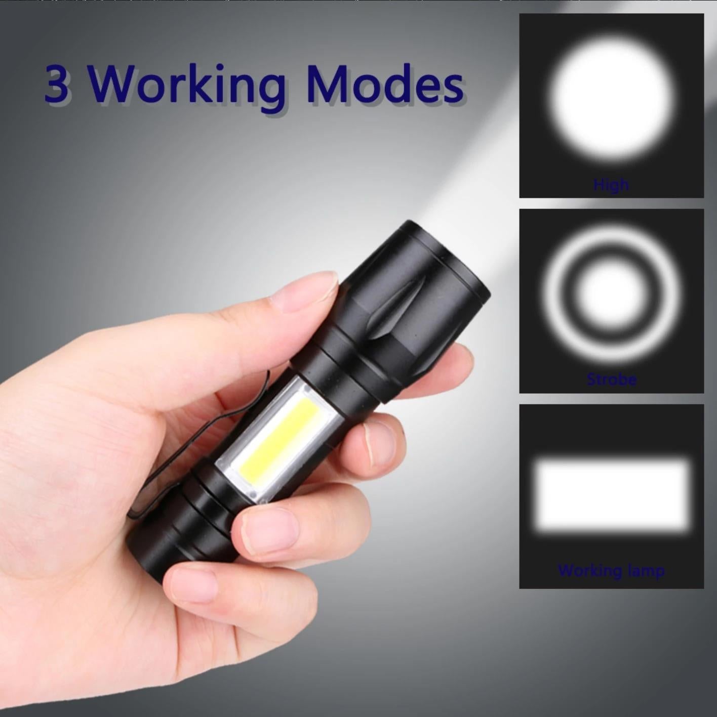 3 working modes Zoomable flash light, Waterproof USB rechargeable super bright Flashlight