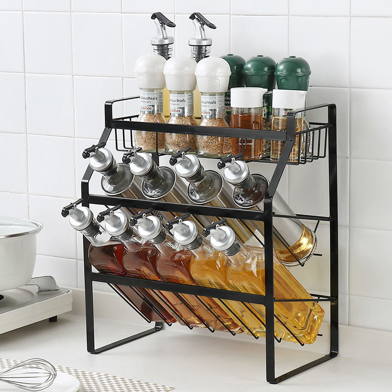 Wall mounted three 3 tier Shelf Metal Jar Organizer bottle Holder Black white Stand Spice Storage rack Kitchen