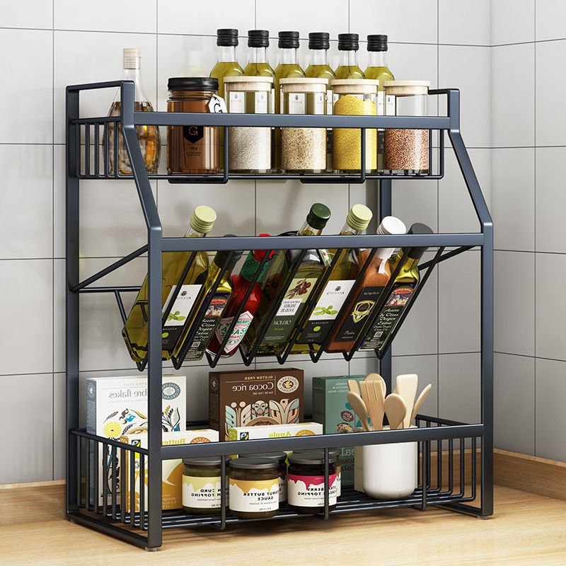 Wall mounted three 3 tier Shelf Metal Jar Organizer bottle Holder Black white Stand Spice Storage rack Kitchen